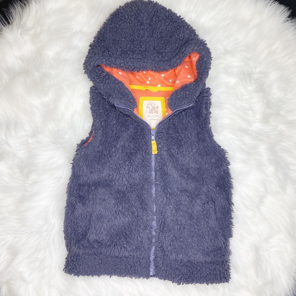 Mini Boden Fuzzy Purple Hooded Zip Vest Teddy Bear